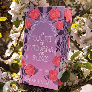 Può includere: Un libro con copertina rigida intitolato "A Court of Thorns and Roses" di Sarah J. Maas. La copertina è viola chiaro con rose rosse e tralci neri. Il libro è appoggiato su un ramo d'albero circondato da fiori bianchi.