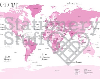 World Map Digital Download PDF PNG A3 Pink
