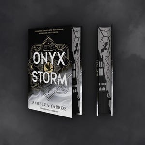 May include: A black and white book cover with a gold design. The title is "ONYX STORM" and the author is "REBECCA YARROS". The book is part of "THE EMPTREAN SERIES".