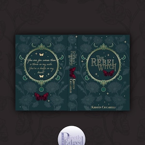 Può includere: Design della copertina del libro per "The Rebel Witch" di Kristen Ciccarelli. La copertina presenta uno sfondo verde acqua con motivi floreali e dettagli dorati. Il titolo è in oro, con farfalle e lune crescenti.
