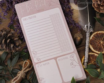 May include: A pink to-do list notepad with the words "To Be Read" at the top. The notepad is divided into three sections: "This Month", "Next Month", and "In Future".
