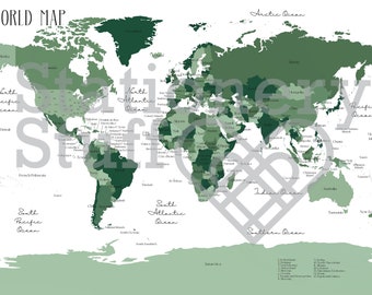 Wereldkaart digitale download pdf, png, A3, groen
