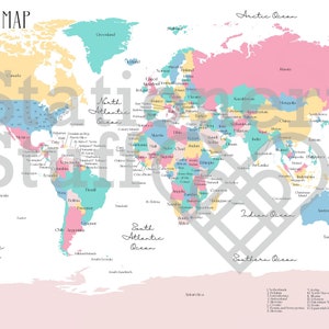 Mapa del mundo Descarga digital PDF PNG A3 Lindos pasteles