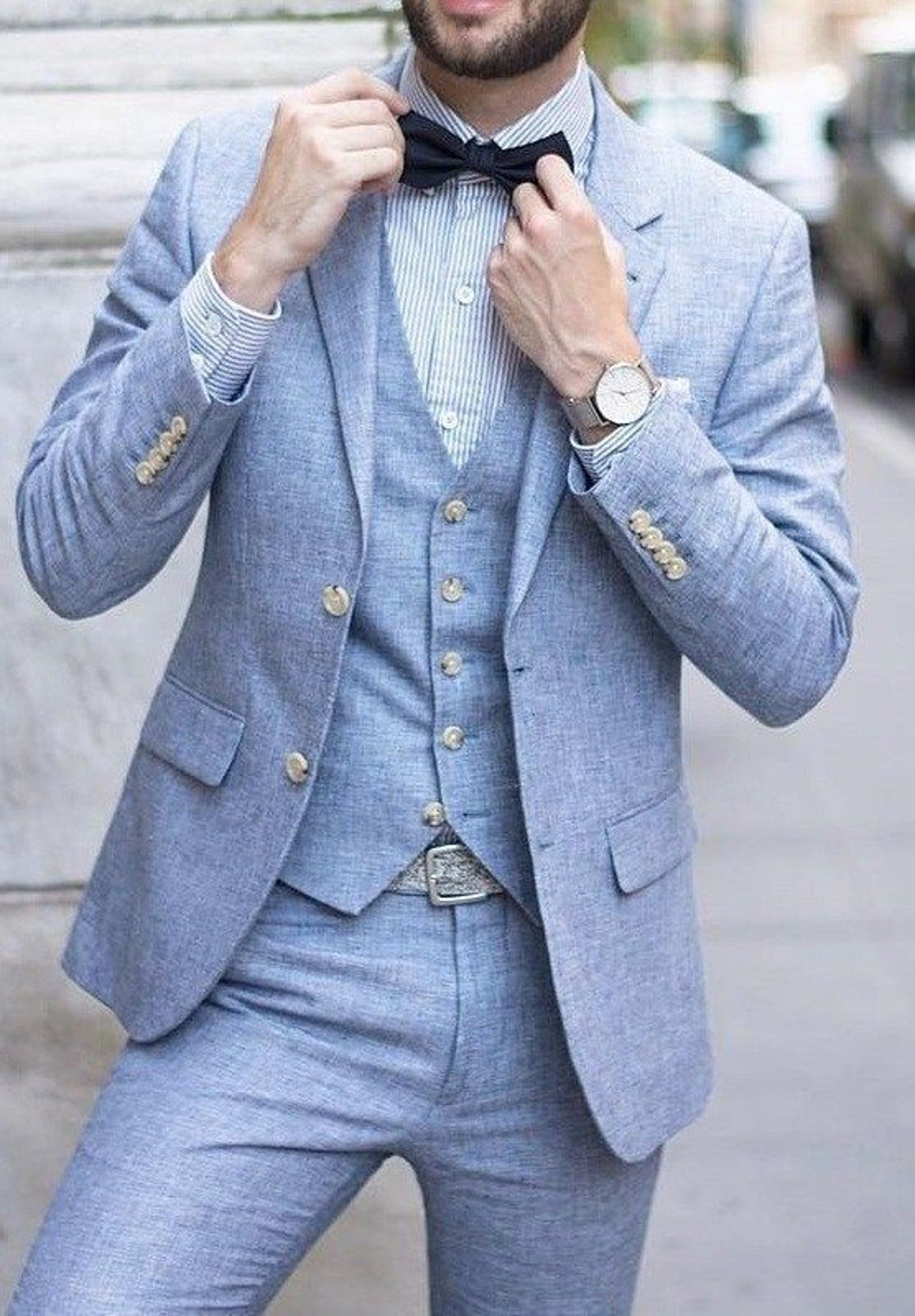 Men Linen Suit 3 Piece Blue Groom Wear Suits Men Slim Fit Suit Etsy