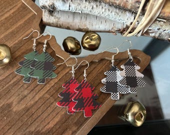 Faux Leather Christmas Tree Earrings, Plaid Holiday Dangle Earrings, Lightweight Festive Winter Jewelry