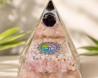 73mm Orgonite Pyramid with Rose Quartz Chips & Amethyst Sphere | Handmade Energy Generator |