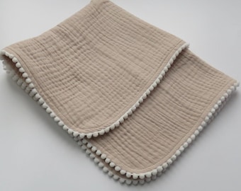 Personalised Muslin Comforter Blanket, beige with pom-pom trim for baby and newborn