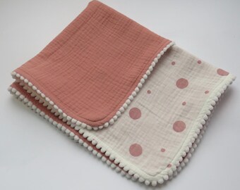 Personalised Muslin Comforter Blanket , pink with polkadots for baby and newborn
