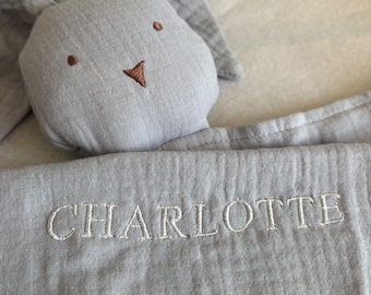 Personalised bunny comforter blanket for baby, muslin, grey with embroidered name