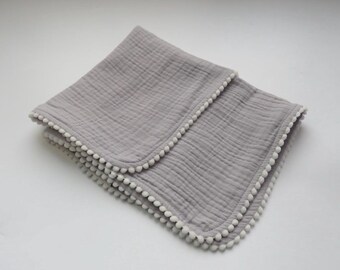 Personalised Muslin Comforter Blanket, grey with pom pom trim for Baby and Newborn