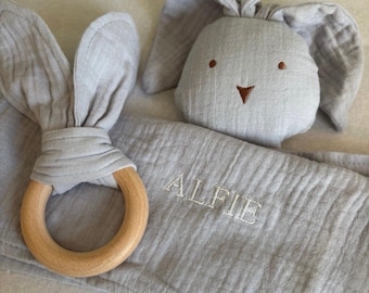 Personalised Grey Baby Comforter Blanket & Teether, Bunny Style for Baby and Newborn Gift Set