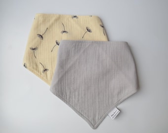 Personalised Grey and Dandelion Bandana Bib Set, Muslin, for Baby and Newborn Gift