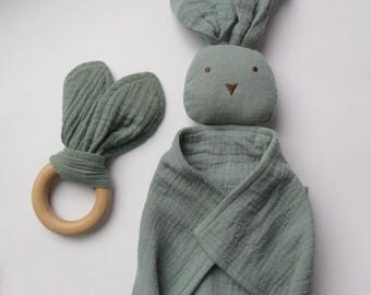 Personalised Green Baby Comforter Blanket & Teether, Bunny Style for Baby and Newborn Gift Set