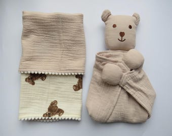 Personalised Organic Cotton Bear Comforter Blanket Set for Newborns
