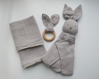 Grey Personalised Comforter, Comfort Blanket & Teether, Muslin, Bunny for Baby and Newborn Gift Set