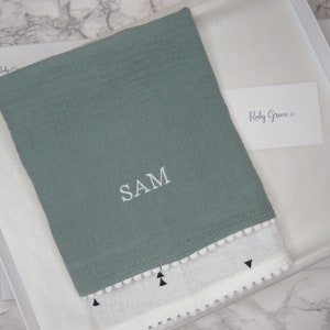 Personalised Comforter Blanket , Muslin, Pom Pom for Baby and Newborn image 2