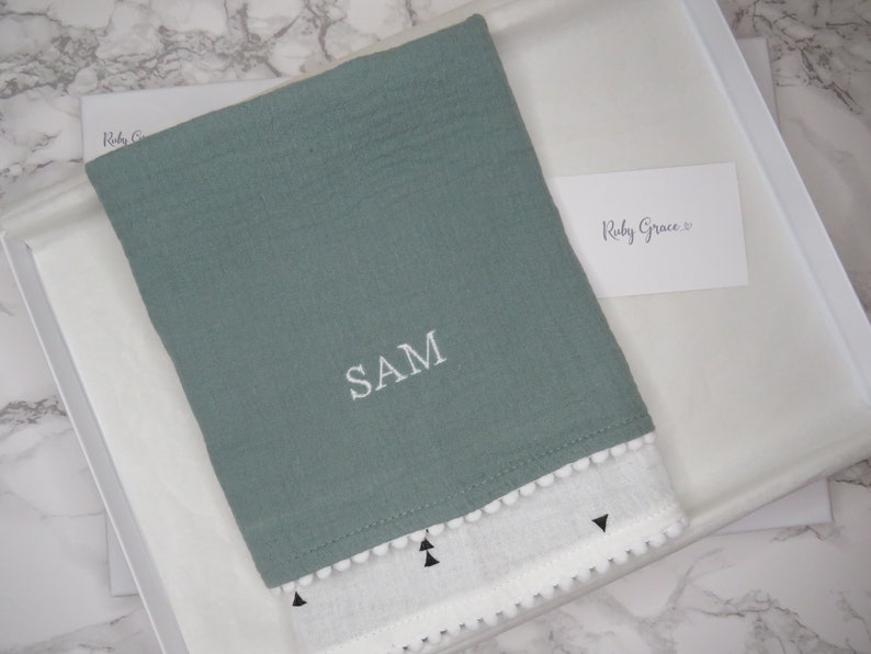 Personalised Comforter Blanket , Muslin, Pom Pom for Baby and Newborn image 2