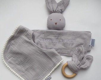 Personalised Grey Bunny Comforter, Bib & Teether, Muslin for Baby and Newborn Gift Set