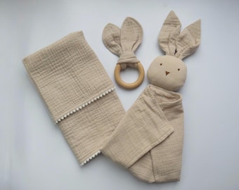 Beige Personalised Comforter, Comfort Blanket & Teether, Muslin , Bunny for Baby and Newborn Gift Set