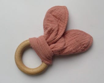 Personalised wooden bunny teething ring, pink muslin ears, baby teether