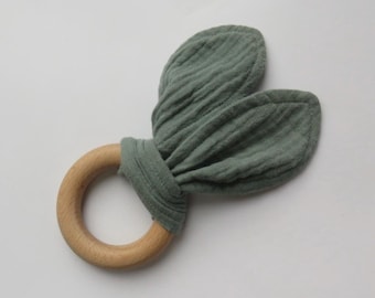 Personalised wooden bunny teething ring, green muslin ears, baby teether