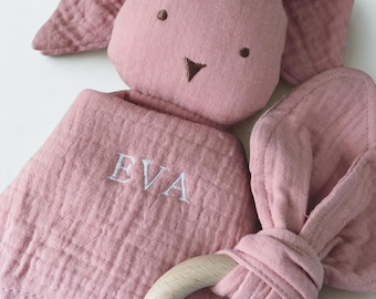 Personalised Pink Baby Comforter Blanket & Teether, Bunny Style for Baby and Newborn Gift Set