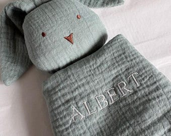 Personalised bunny comforter blanket for baby, muslin, green with embroidered name