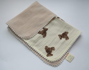Personalised Baby Muslin Comforter Blanket - Organic Cotton Bear Pattern