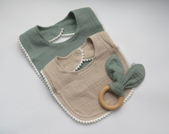 Personalised Pom Pom Bib Set with Teether, Muslin, green and beige