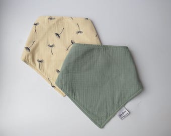 Personalised Dandelion and Green Bandana Bib Set, Muslin, for Baby and Newborn Gift
