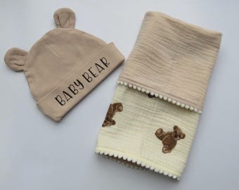 Personalised baby Comforter Blanket & Hat,  Bear Style for Baby and Newborn Gift Set