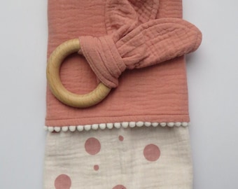 Personalised Pink Comforter Blanket & Teether, Muslin, Pom Pom for Baby and Newborn Gift Set