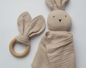 Personalised Beige Baby Comforter Blanket & Teether, Bunny Style for Baby and Newborn Gift Set