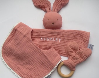 Personalised Pink Bunny Comforter, Bib & Teether, Muslin for Baby and Newborn Gift Set