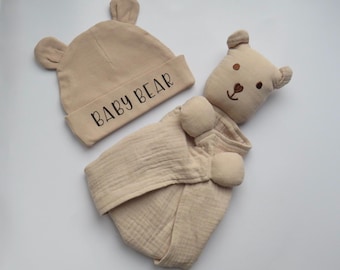 Personalised Bear Comforter and Hat Set, Organic Cotton Baby Gift