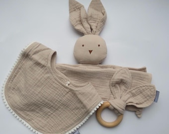 Personalised Beige Bunny Comforter, Bib & Teether, Muslin for Baby and Newborn Gift Set