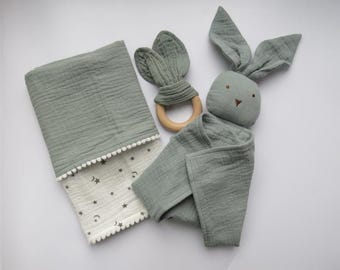 Green Personalised Comforter, Comfort Blanket & Teether, Muslin , Bunny for Baby and Newborn Gift Set