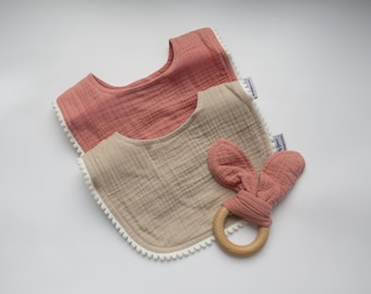 Personalised Pom Pom Bib Set with Teether, Muslin, pink and beige