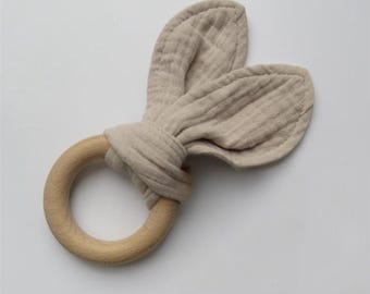 Personalised wooden bunny teething ring, beige muslin ears, baby teether
