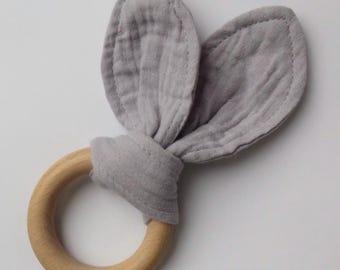 Personalised wooden bunny teething ring, grey muslin ears, baby teether