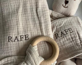 Personalised muslin teddy bear comforter set, double gauze bear lovey, comforter blanket and wooden teether