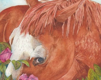 Horse Watercolor Print | Roses, Horse Lovers Greeting Card (4.5x5.5" or 4x6")