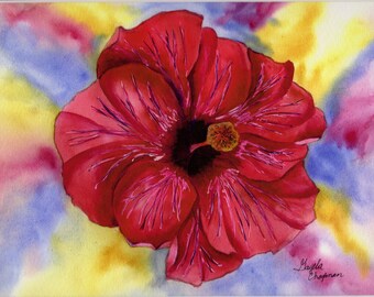 Modna kartka z akwarelowym nadrukiem czerwonego hibiskusa | Kartka z kwiatowymi motywami botanicznymi