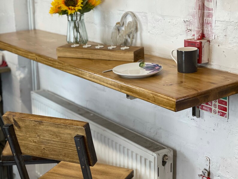 Breakfast Bar Industrial Table Folding Brackets Dining Man Cave Bar 30cm Deep |  45mm thick Solid Wood 