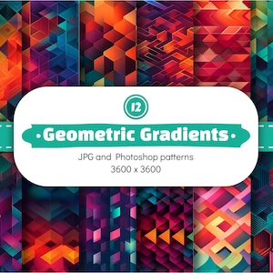 May include: Twelve geometric gradient patterns in a variety of colors, including red, orange, yellow, green, blue, purple, and black. The patterns are made up of squares, triangles, and hexagons. The patterns are 3600 x 3600 pixels and are available as JPG and Photoshop patterns.
