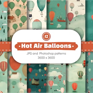 May include: Twelve digital seamless patterns featuring hot air balloons in various colors and designs. The patterns are set against a light blue background with clouds and other details. The patterns are 3600 x 3600 pixels and are available in JPG and Photoshop formats.
