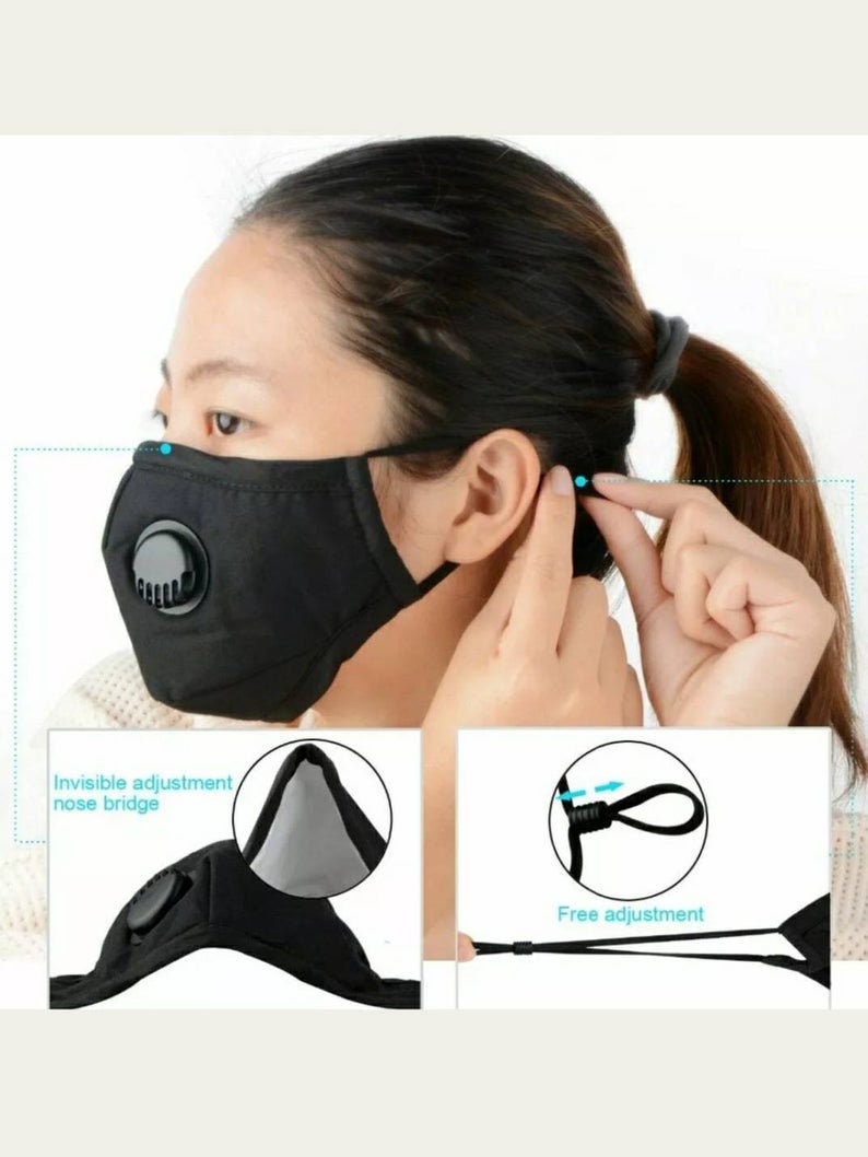Washable, Reusable, Adjustable,special sale, Cotton Face Mask With Respirator / Breathing valve, Nose wire, Replaceable Carbon Filter image 2