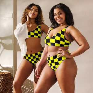 Gelber Karierter Bikini mit Hoher Taille und Personalisierter Passform