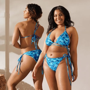 Customize Your Size String Bikini - Blue Camouflage Print, Plus Size Swimwear&quot;