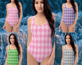 Stylish One Piece Pink Plaid Bathing Suit, Women's Flattering Swimwear, Shapewear Swim Suit